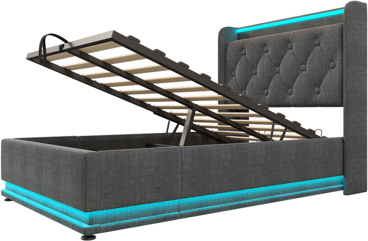 COVREO Bed 90x200 cm - grijs, met LED, USB Type-C en hydraulische opbergruimte