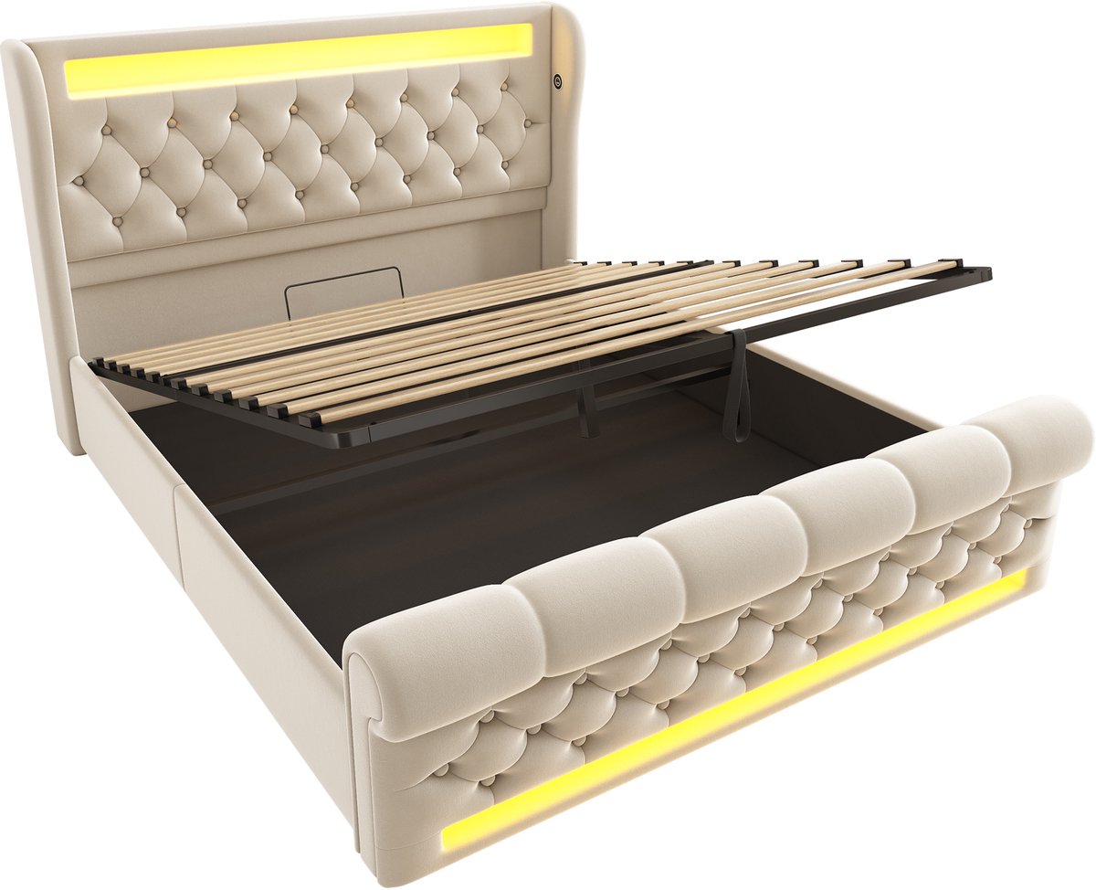 COVREO Bedframe 140x200 cm beige velvet, LED, opbergruimte, zonder matras