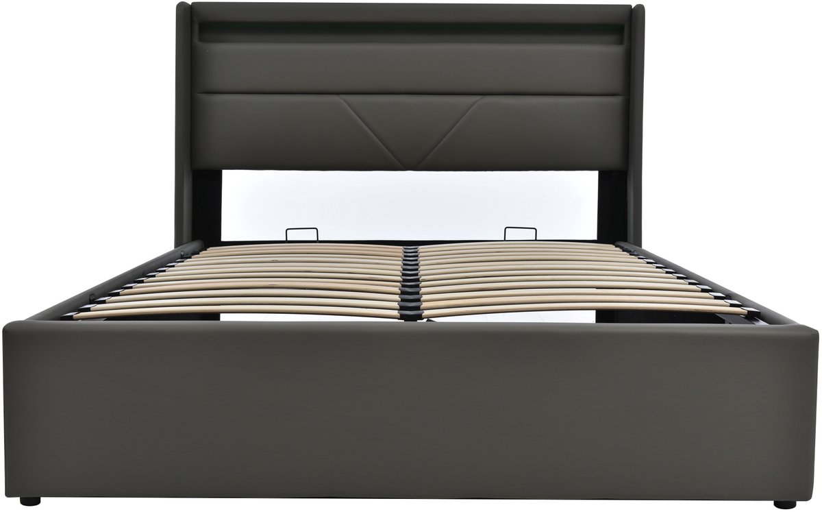 Hydraulisch opbergbed met LED-lichtstrip, tweepersoonsbedframe, gestoffeerd bed, 140x200 cm, functioneel bed, grijs (inclusief matras).