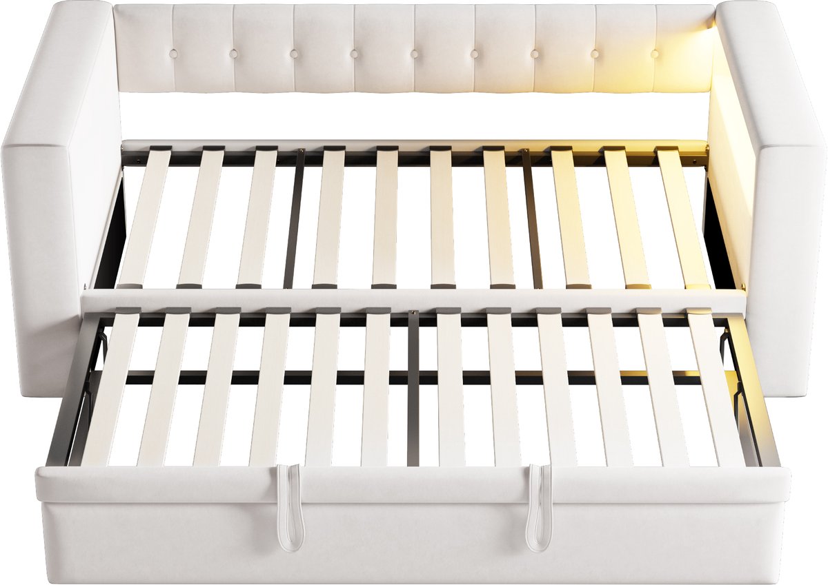 COVREO Slaapbank 214x97x74 cm beige, stof met opbergruimte en LED