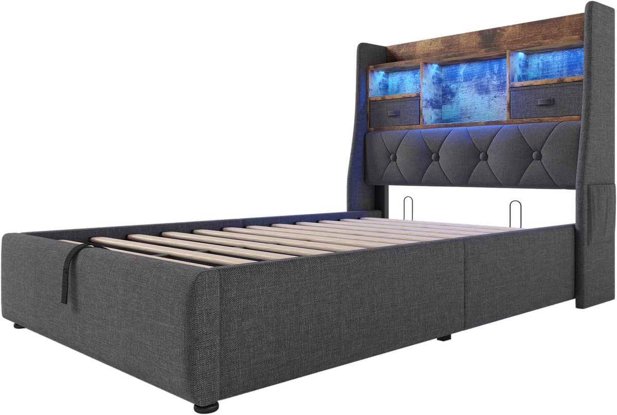 COVREO Bed 90x200 cm grijs met LED-kopstuk, opbergruimte, met matras Gray