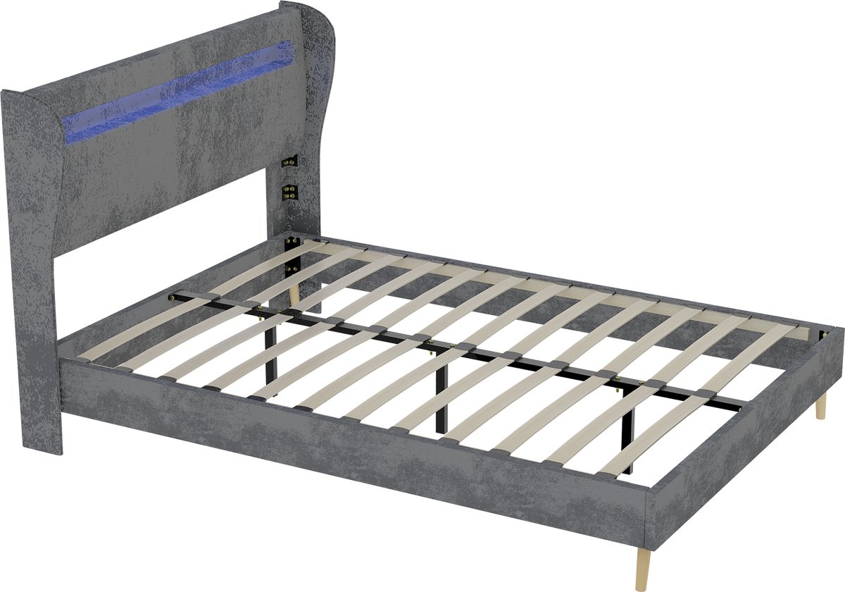 COVREO Bedframe 140x200 cm grijs, LED-hoofdbord, zonder matras