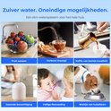 Collage toont toepassingen van gefilterd water: fruit wassen, thee zetten, koffie maken, luchtbevochtiger, flesvoeding geven en huisdieren water geven.