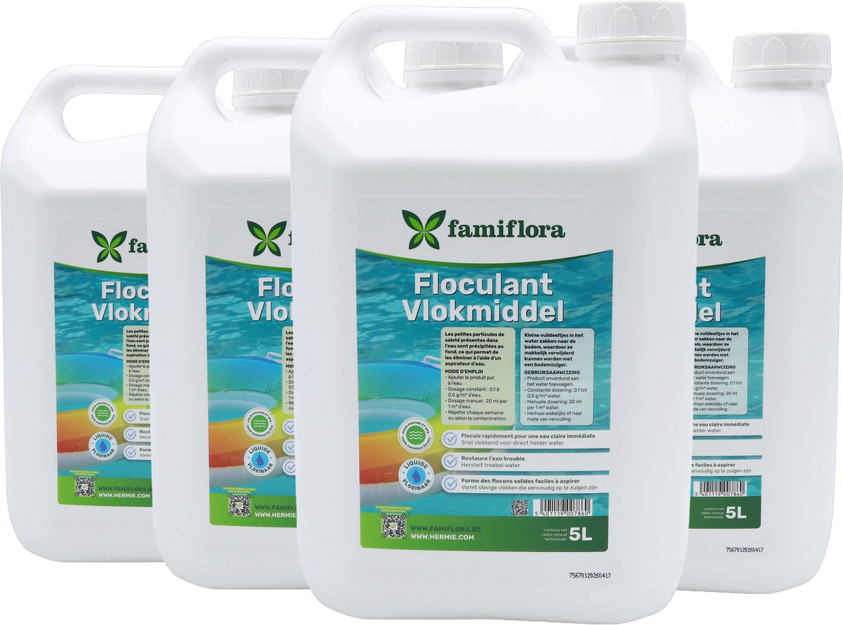 Famiflora Flocculant 4x5L - Zwembad vlokmiddel - Vlokt vuil efficiënt zodat je snel helder water krijgt zonder extra werk - Behandelt troebel water waardoor water veilig en uitnodigend blijft