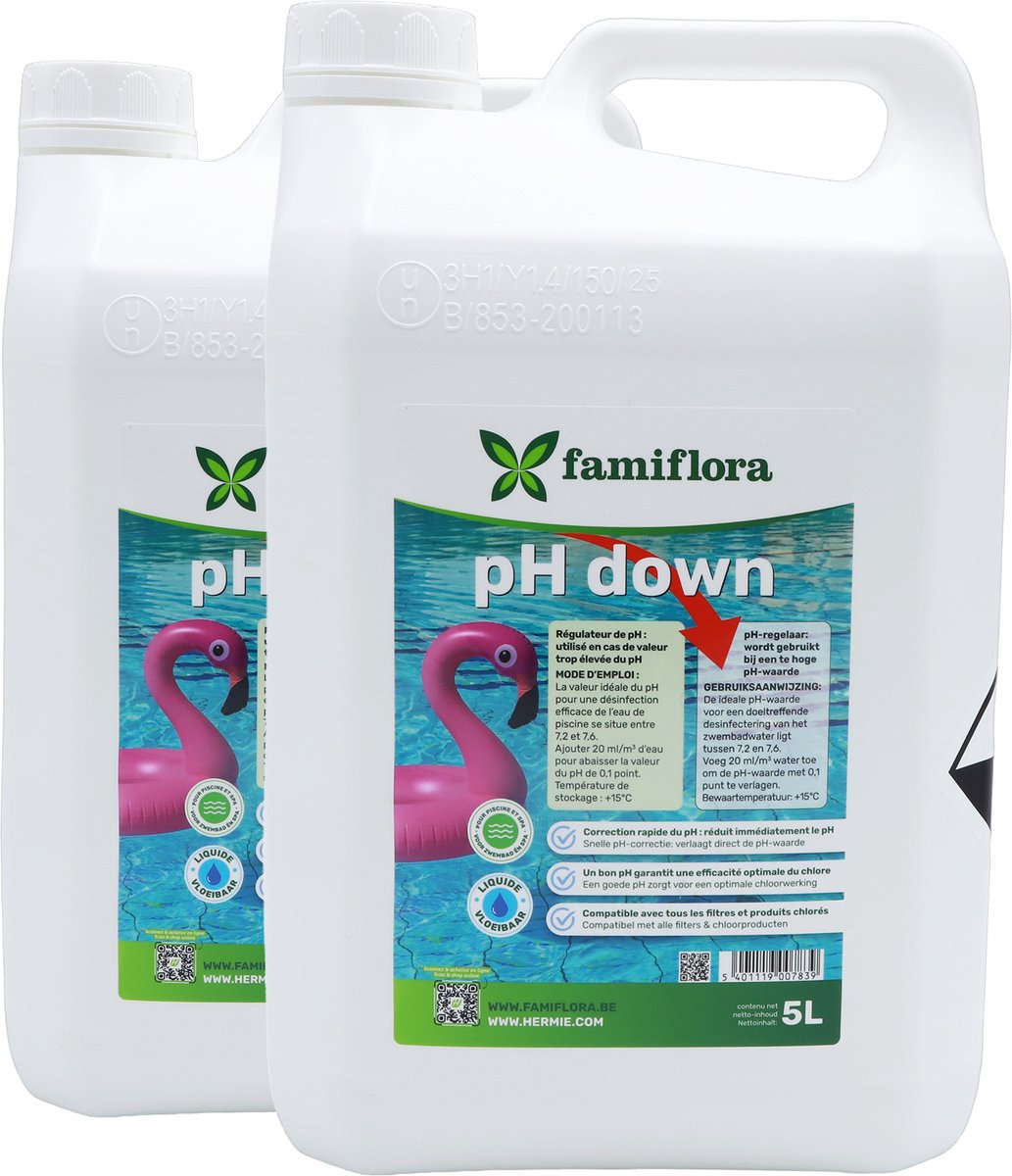 Famiflora pH Down vloeibaar 10L (2 x 5L) - verlaagt de pH-waarde van je zwembad of spa! - Verlaagt pH-waarde zodat chloor zijn werk efficiënt kan doen en water constant schoon blijft