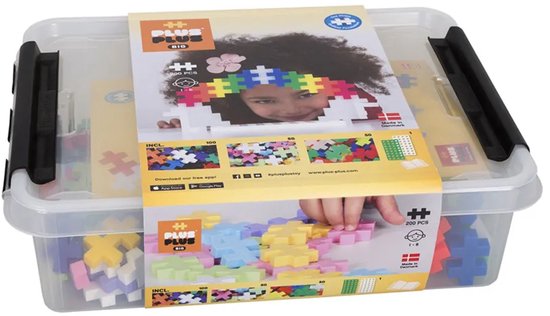 Plus-Plus BIG opbergbox met 200 kleurrijke bouwstukken, inclusief instructies en afbeelding van een kindje.