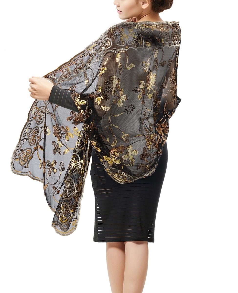 Dailygoods- Sjaal Zwarte Pailletten - Afneembare Tule - Glinsterende Cape - Franjes - 190 x 60 cm - Geschikt voor Bruiloften