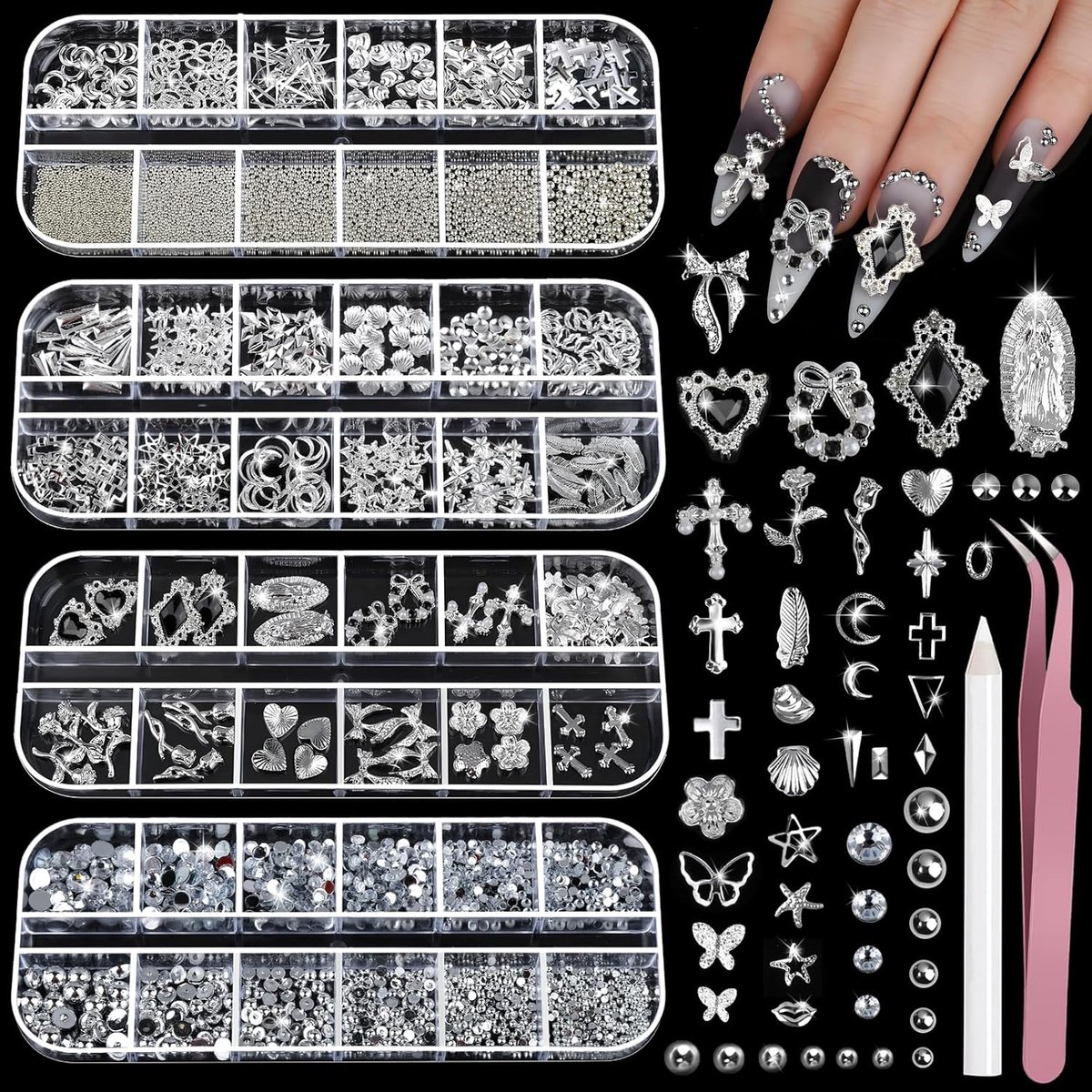 4 Dozen Zilveren Nagelstrass Set | 3D Nageldecoraties | Kruis Sterren Charms & Kaviaar Kralen | Glinsterende Nagelstenen | Voor Professionele En DIY Nagelkunst Creatief Nageldesign| Cyslmuk®