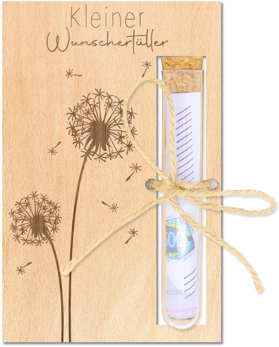 Dailygoods- Geldgeschenkverpakking Houten - Wensvuller - Huwelijkscadeau - Verjaardag - Paardenbloem - 14x9x0,8 cm - Uniek ontwerp - Cadeauverpakking