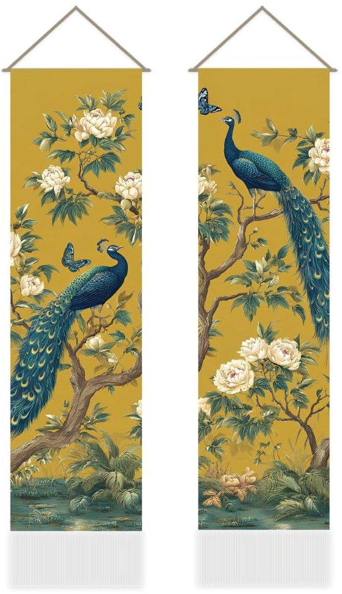 Dailygoods- Wandtapijt Elegant Chinees Pauw - Wandkleed Vintage Natuurdecoratie - Wandtapijt met Kwastjes - Muurkunst voor Thuis - Afmetingen 117 x 33 cm - Muurtapijt