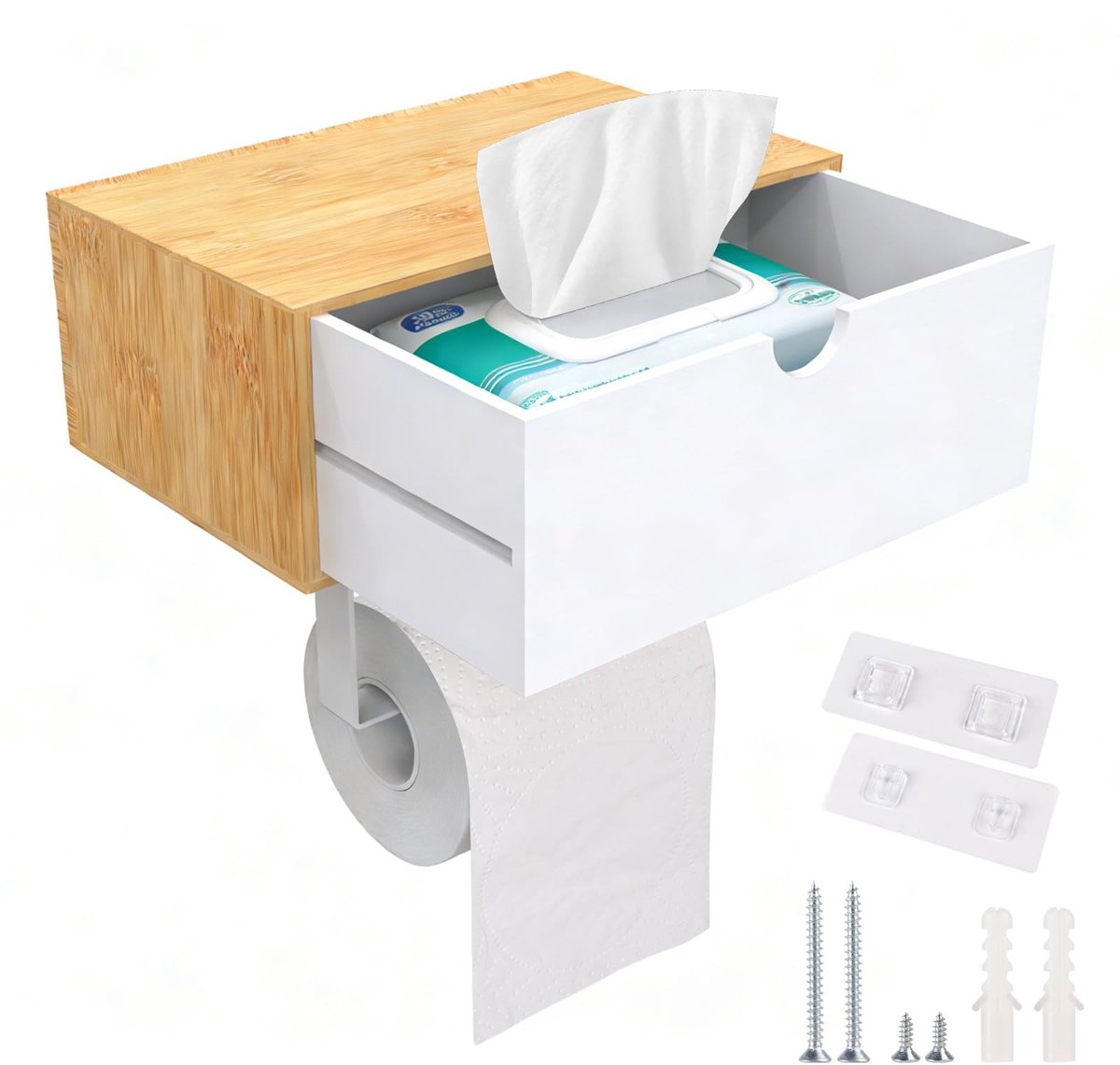Dailygoods- Toiletpapierhouder zelfklevend - Bamboe/Roestvrij Staal - Wc-rolhouder zonder boren - Plank voor badkamer/keuken - Maat: 1-3 mm afwijking - Vochtige doekjes box