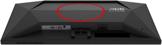Achterkant van een zwarte AOC gaming monitor met poorten en een rode cirkel.