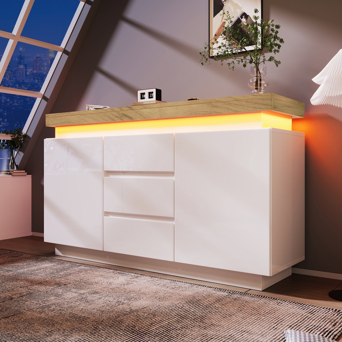 DESMIU Dressoir - Hoogglans Opbergkast Met Ledverlichting En 2 Deuren 3 Lades - Voor Woonkamer En Slaapkamer - Spaanplaat - 140x39x81 Cm - Wit