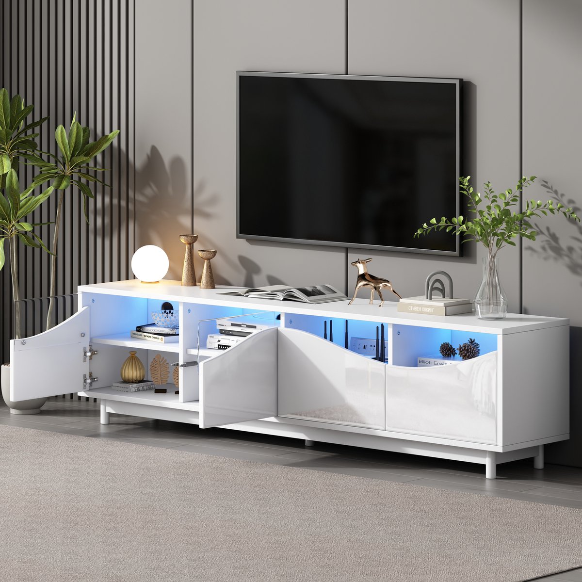 DESMIU Tv Meubel - Hoogglans Design Met Led Verlichting En Glazen Deuren - Voor Woonkamer En Slaapkamer - MDF - 175x38x51 Cm - Wit
