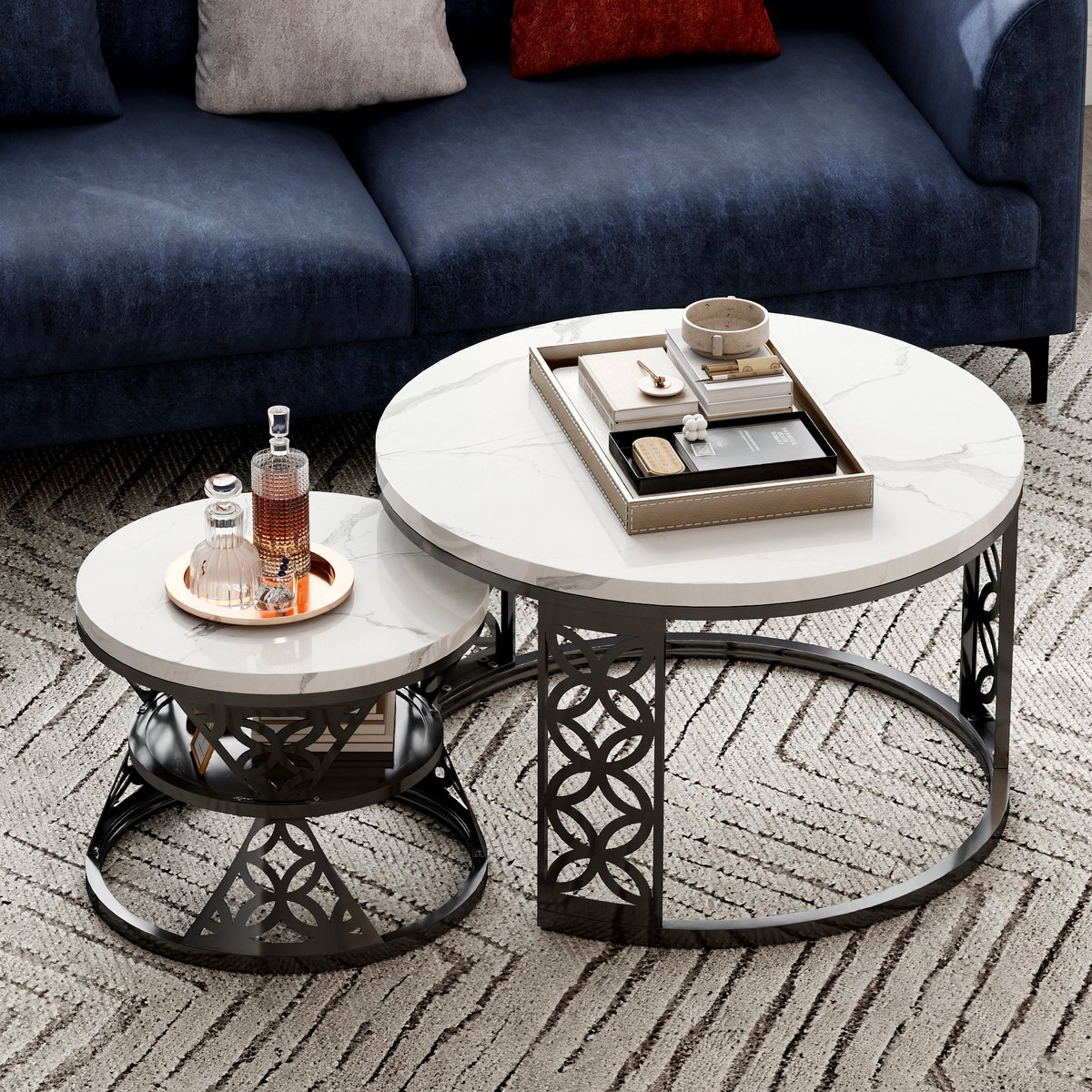 DESMIU Salontafel Set - Contrasterende Kleuren Met Marmerlook En Hoogglans - Voor Woonkamer, Slaapkamer En Balkon - Metaal - Zwart En Wit - 70x70x45 Cm En 45x45x37 Cm