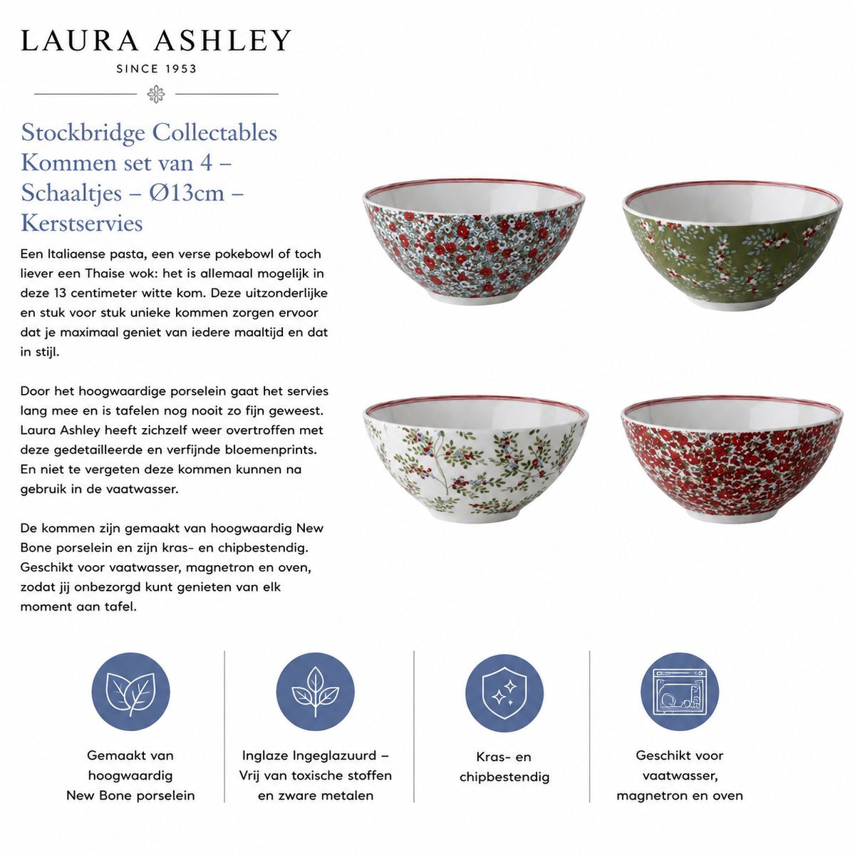Laura Ashley Stockbridge Collectables Kommen set van 4 - Kerstservies - Schaaltjes - Ø13cm