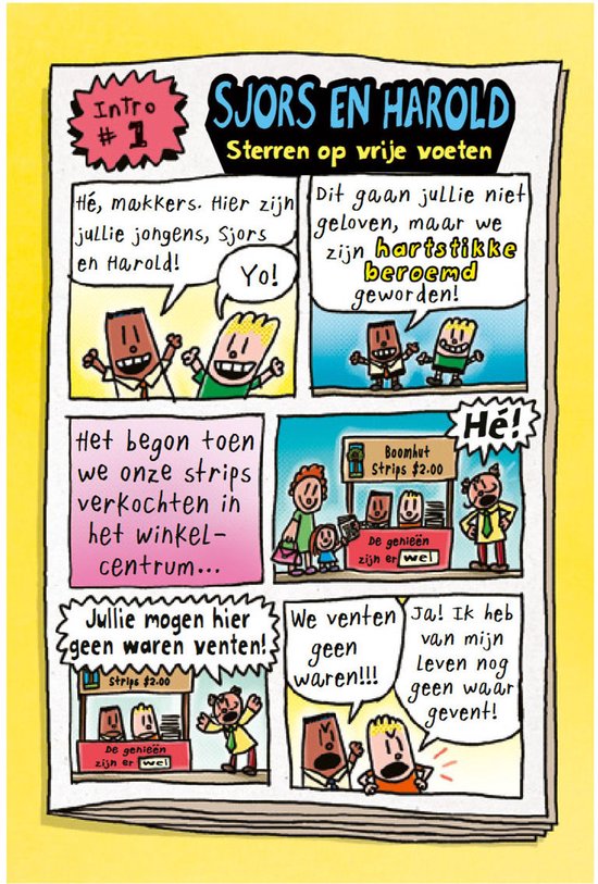 Stripboekpagina met vier panelen van de strip Sjoers en Harold. Vier personages met hun hoofd in de vorm van een huisje en een stripboek te koop.
