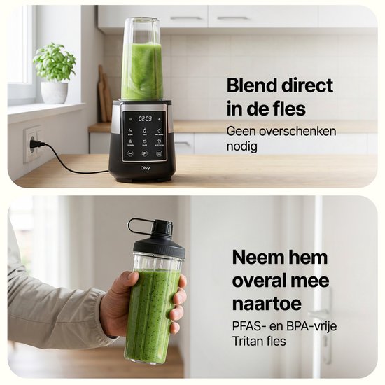 Bovenste deel: zwarte blender met groene smoothie in een to-go beker. Onderste deel: hand houdt to-go beker met groene smoothie vast.