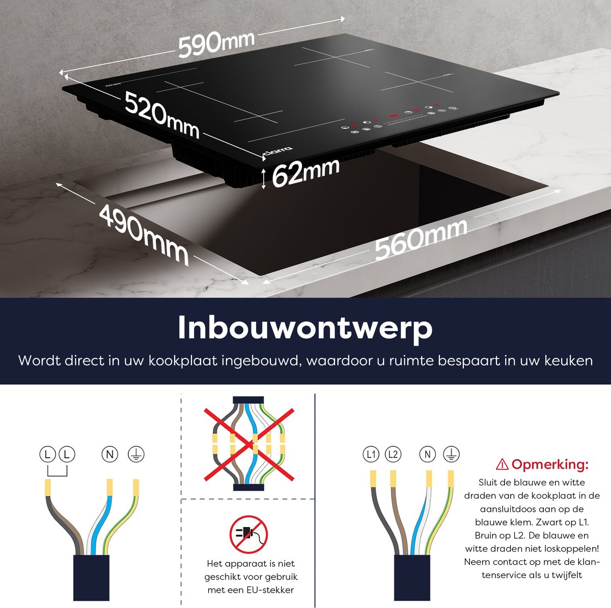 CIARRA VM4BFBIH - Inbouw inductiekookplaat 60 cm Inductie Kookplaat 4 zones Boostfunctie FlexZone 7200 W