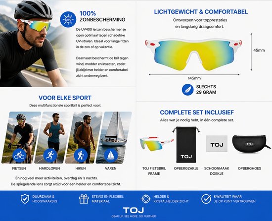 Fietsbril Met Hoes - Sportbril - Racefiets - Mountainbike - MTB - Sport Fiets Bril| Zonnebril - UV Bescherming - Wit/Rood - Spiegelende Lens — afbeelding 4