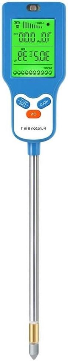 Bodemtester Zes-in-één - Grondmeter PH Vocht - Plantenverzorging Monitoren - Roterende Sonde - 31 x 6 x 2 cm - Blauw