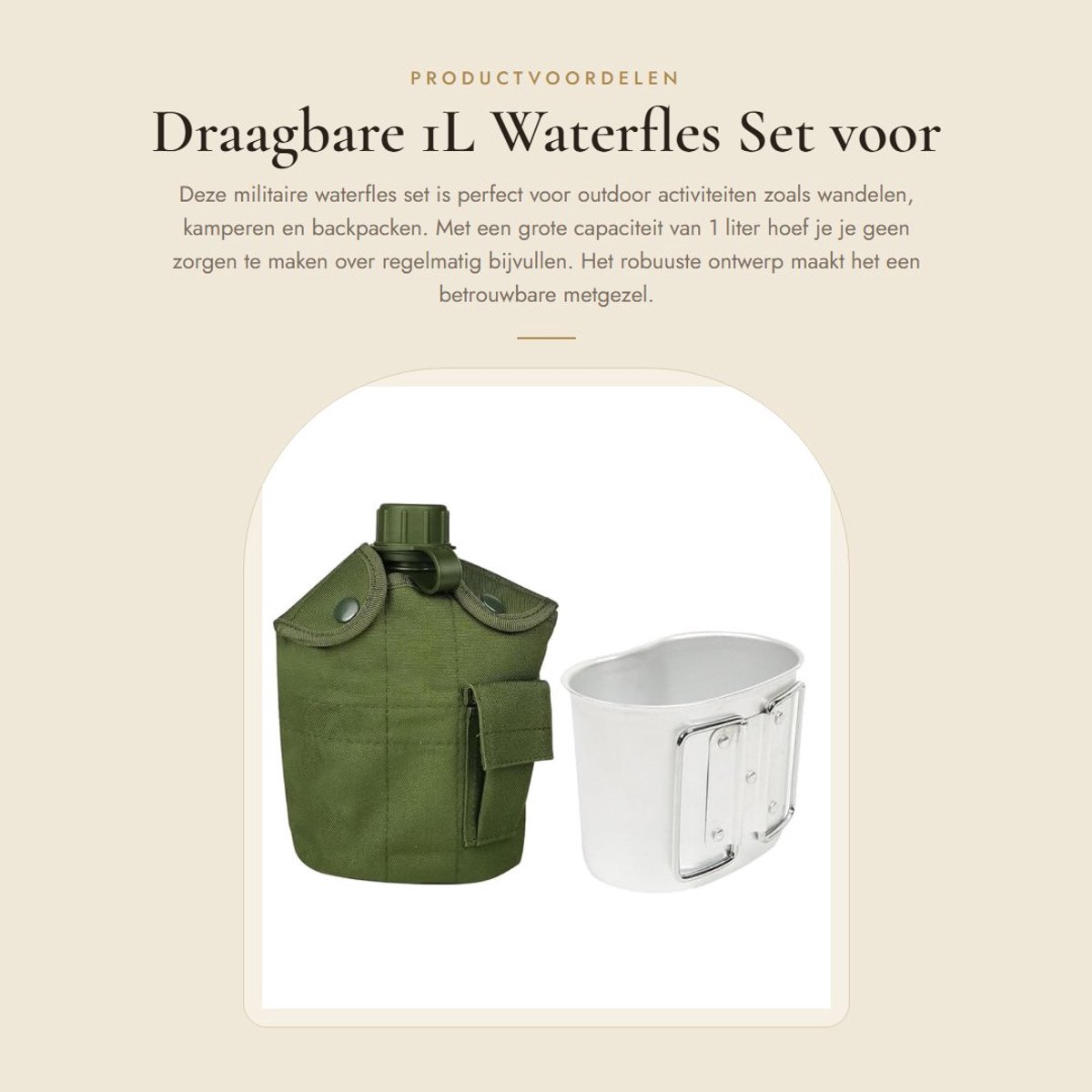Dailygoods- Waterfles 1 Liter - Draagbare Aluminium Waterfles - Outdoor Waterkoker - Militaire Kantine Kit - Gladde Flessenmond - Lichtgewicht Aluminium Beker
