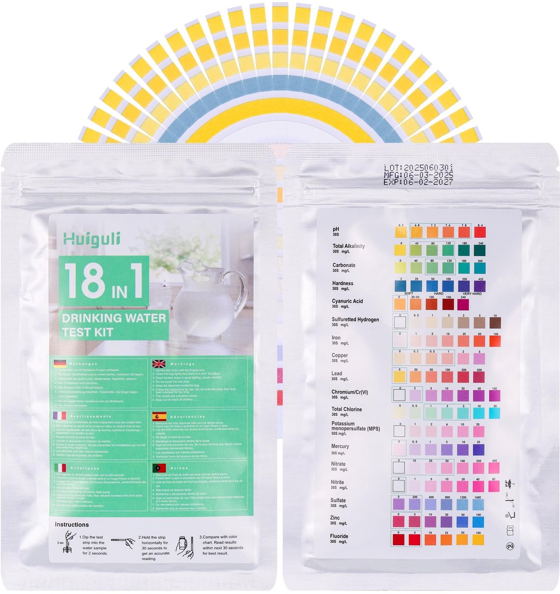 Dailygoods- Waterteststrips 18-in-1 - 50 Teststrips - pH-waarde/Nitriet/Chloor - Hardheid/Alkaliteit - Professionele Examens - Zeer Nauwkeurig Vezelpapier - Wateranalyse