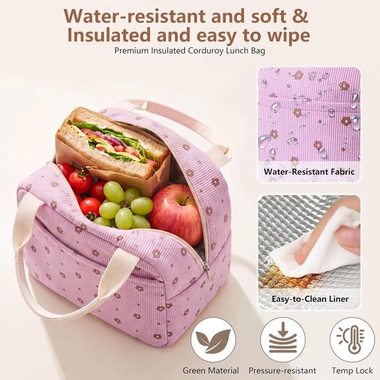VHV Geïsoleerde Lunchtas Dames - Koeltas Lunchbag met Handvat - Paarse Bloemenprint - Voor Werk, School en Onderweg — afbeelding 3