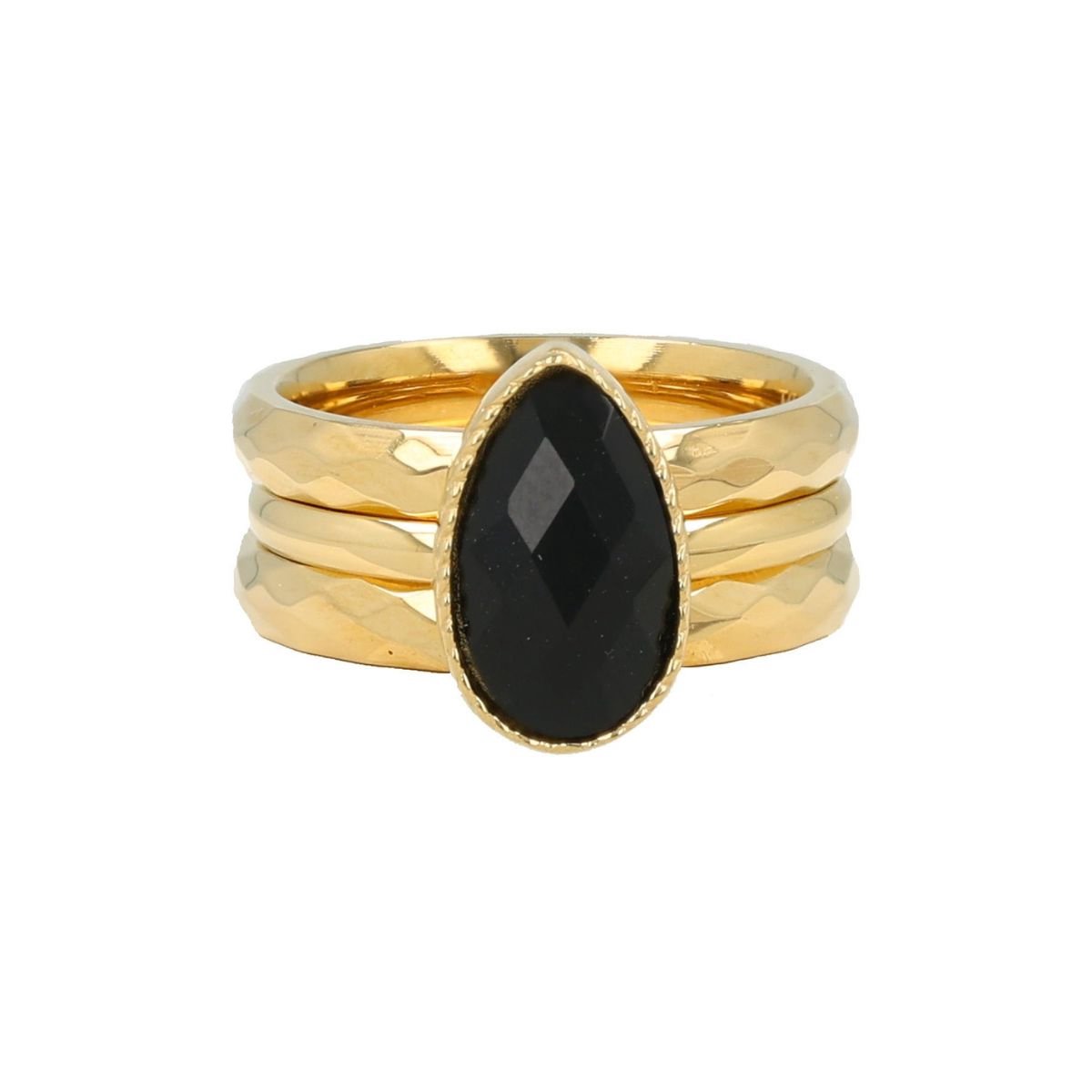 My Bendel - Goudkleurige Ringenset met Zwarte Glassteen - met Luxe Cadeauverpakking | Sieraden Voor Dames | Maat 18.00 Mm / Maat 57