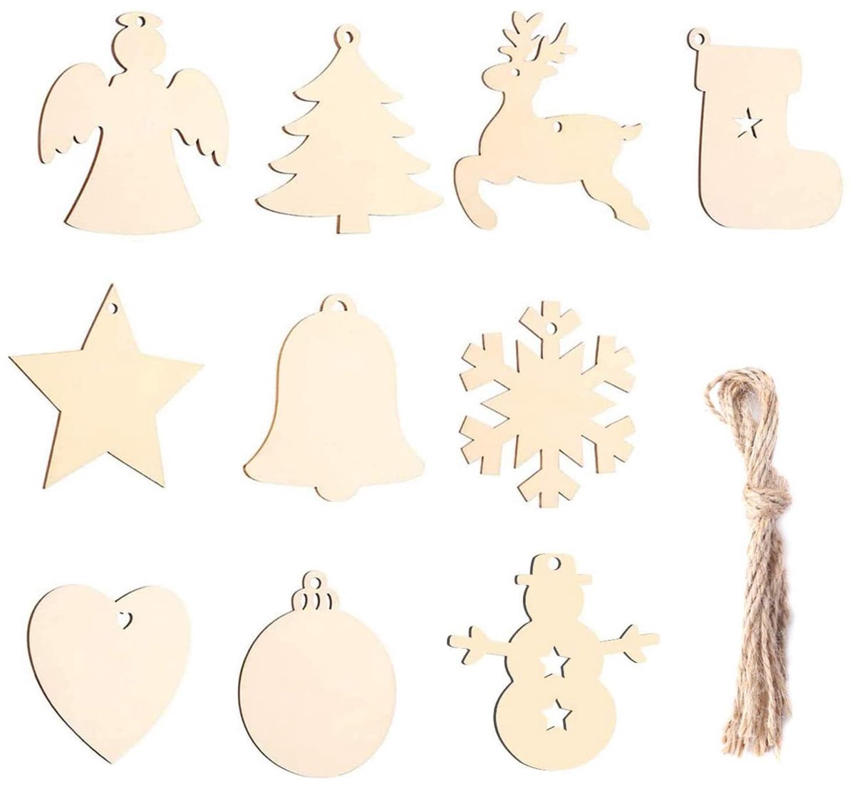 SnelShoppen - Kerstboomversiering van hout, 100 stuks, doe-het-zelf houtchip-hangers met touw, natuurlijke kerstdecoratie voor feestdagen, creatief ve