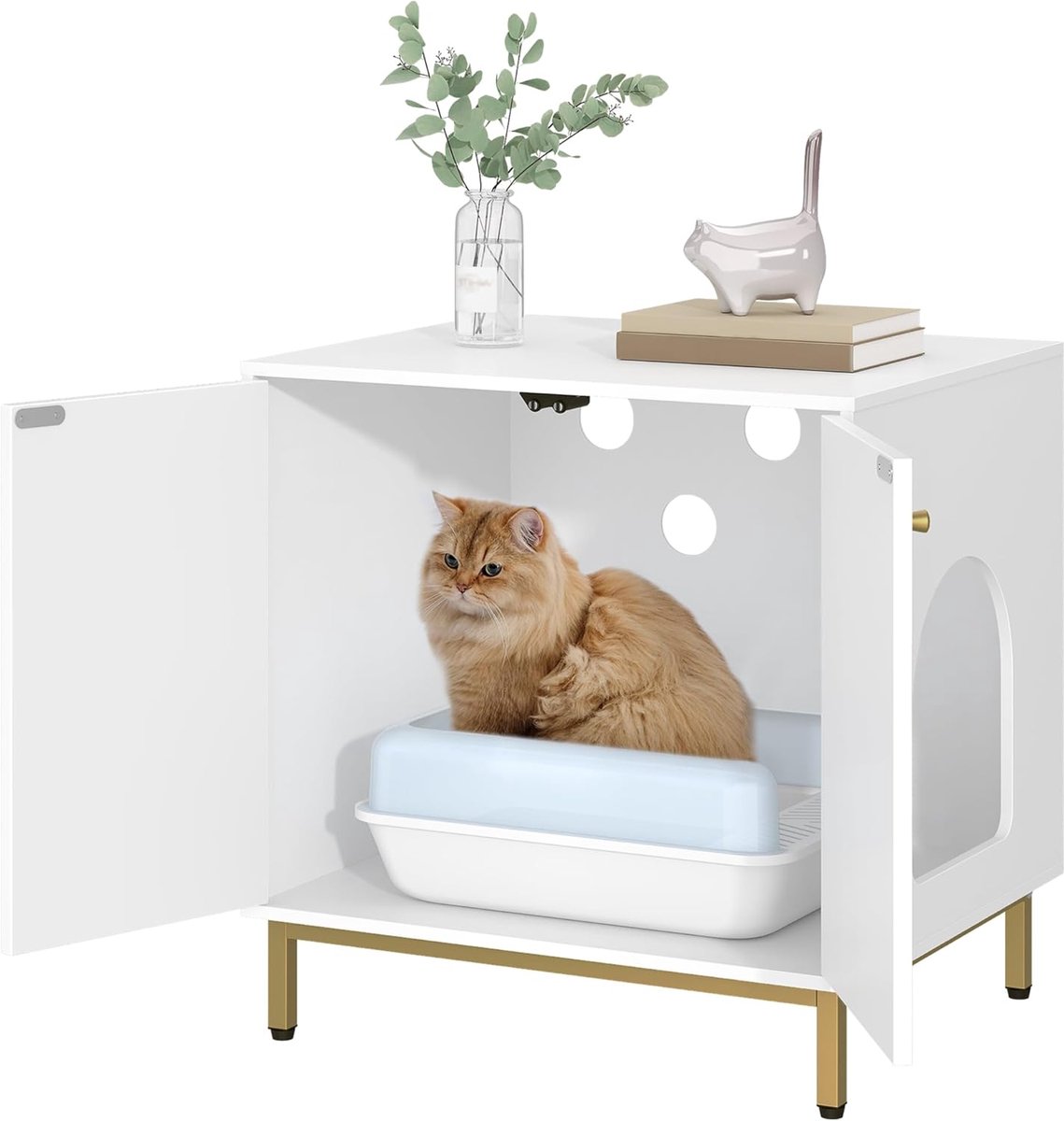 Hzuaneri Kattenkast, kattenkast met deur,60 cm, Stabiele, Wit en Goud