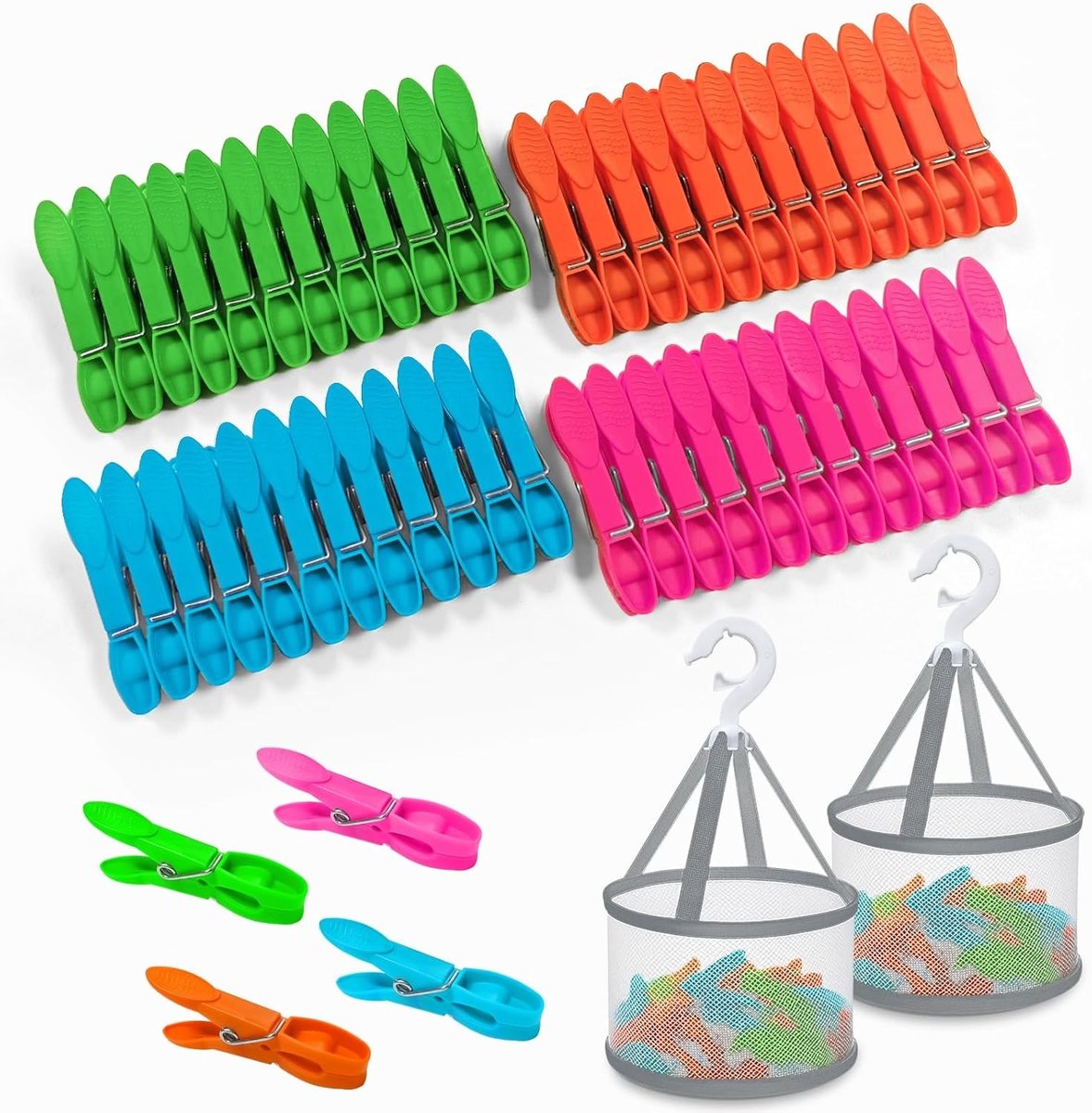 Wasknijperset - Groen, Blauw, Geel, Roze - 20 x 20 x 2 cm - Duurzame Wasknijpers met Opbergzakje - Voor Waslijnen en Balkons