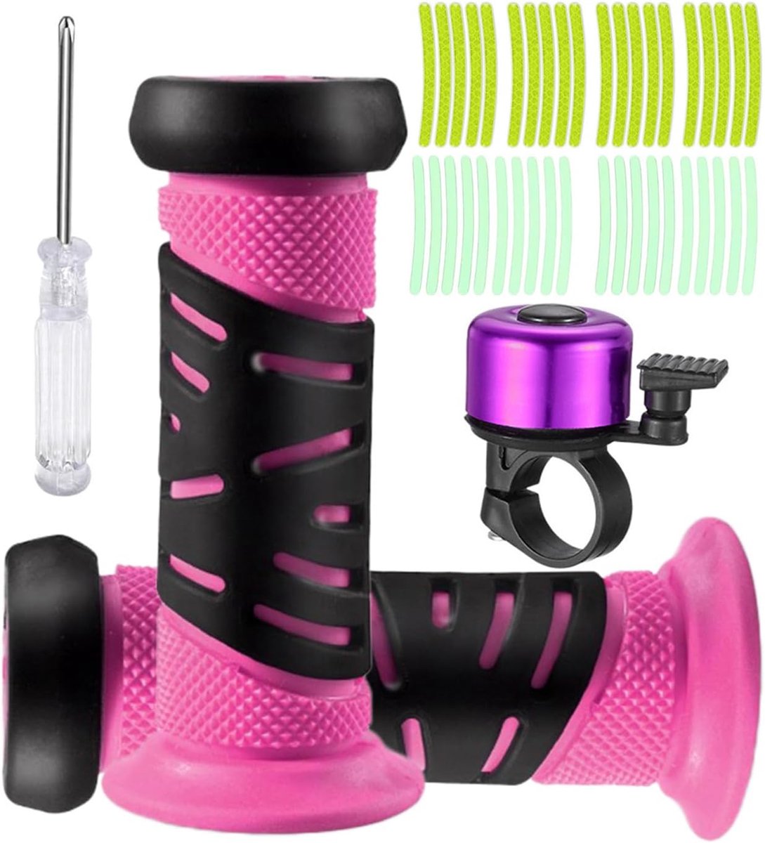 SnelShoppen - Fietshandgrepen voor Kinderen met Bel en Reflecterende Stickers - Antislip Rubber - 22 mm - Roze - Ideaal voor Fiets, Scooter en Driewie