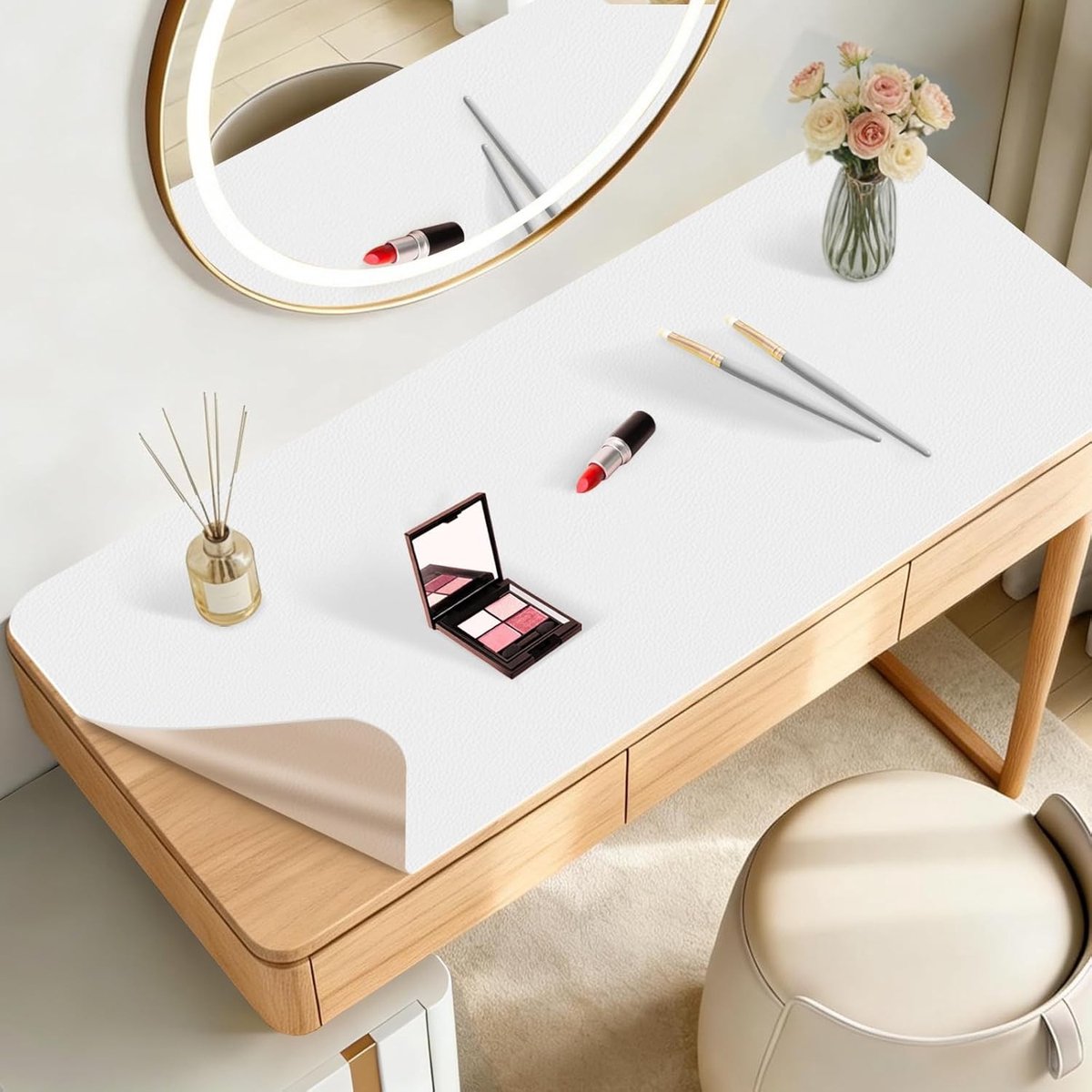Kaptafelmat - Wit - 40 x 80 cm - Dubbelzijdige Lederen Bureauonderlegger - Voor Make-up Accessoires