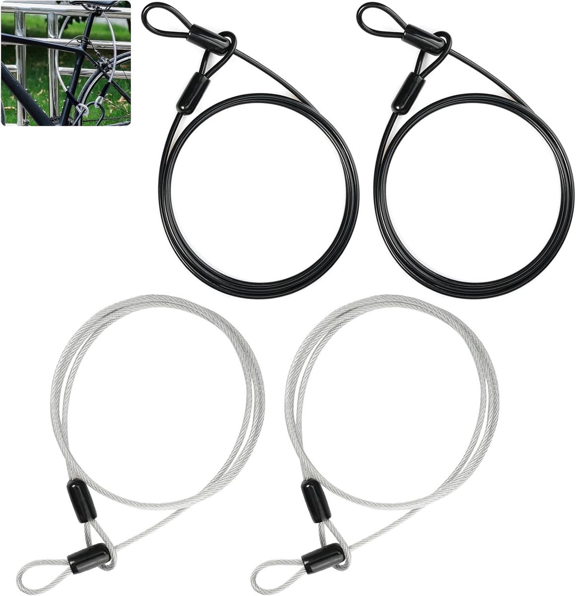 Duurzaam Staalkabel Kabelslot - Zwart/Zilver - 3 mm x 100 cm - Roestvrij Stalen Veiligheidskabel met Lussen - Voor Meerdere Toepassingen