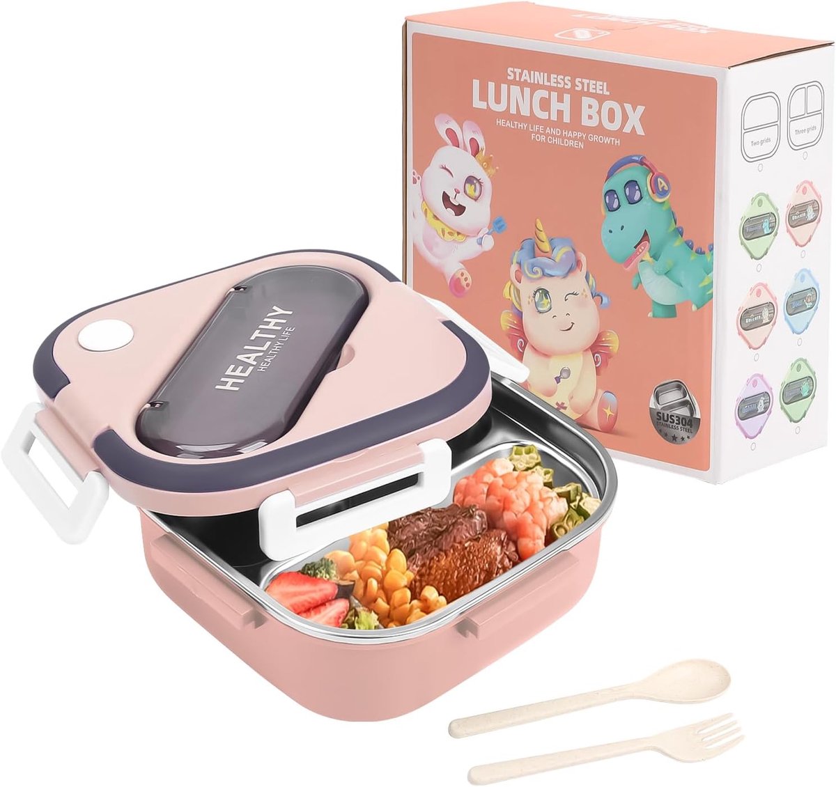SnelShoppen - Lunch Box 1000 ml met Bestek voor Kinderen en Volwassenen, Bento Box met 3 Compartimenten, Rvs, Afwasmachinebestendig, Roze, Ideaal voor