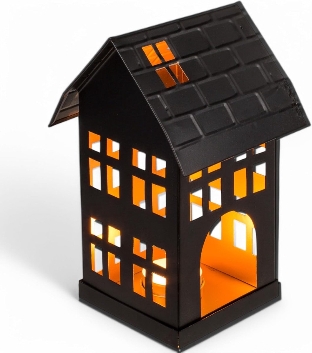 Metalen decoratieve huis zwart – stijlvolle windlichthuizen voor theelichtjes – moderne kaarsenhouder van metaal voor een gezellige sfeer (7 x 7 x 12 cm) — cadeau in Wonen & Interieur - foto 7