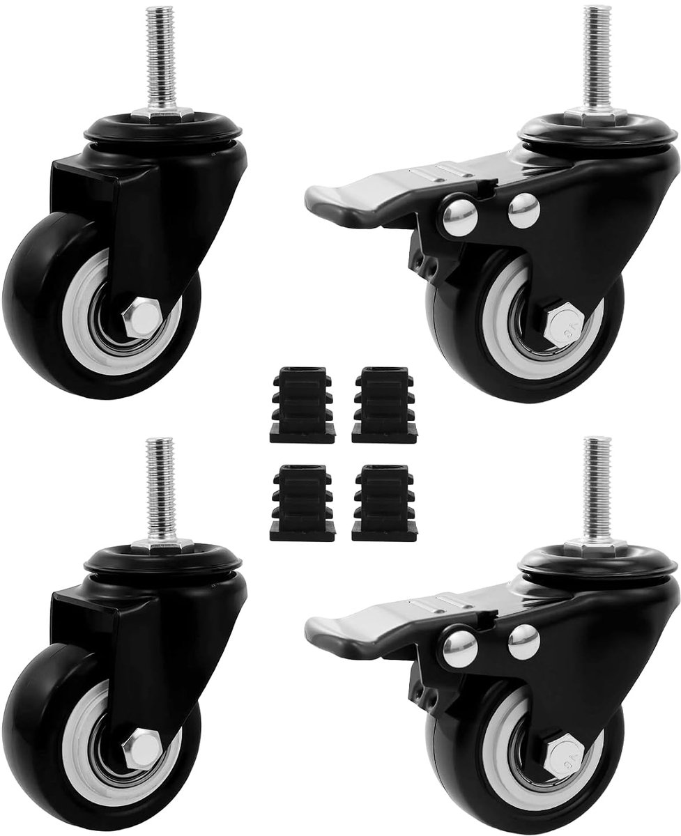 SnelShoppen - Set van 4 50 mm Meubelwielen, M8 x 25 mm Schroefwieltjes, Geluidsloze Wielen met Rem, Tot 70 kg, 360 Graden Rotatie voor Transportwielen
