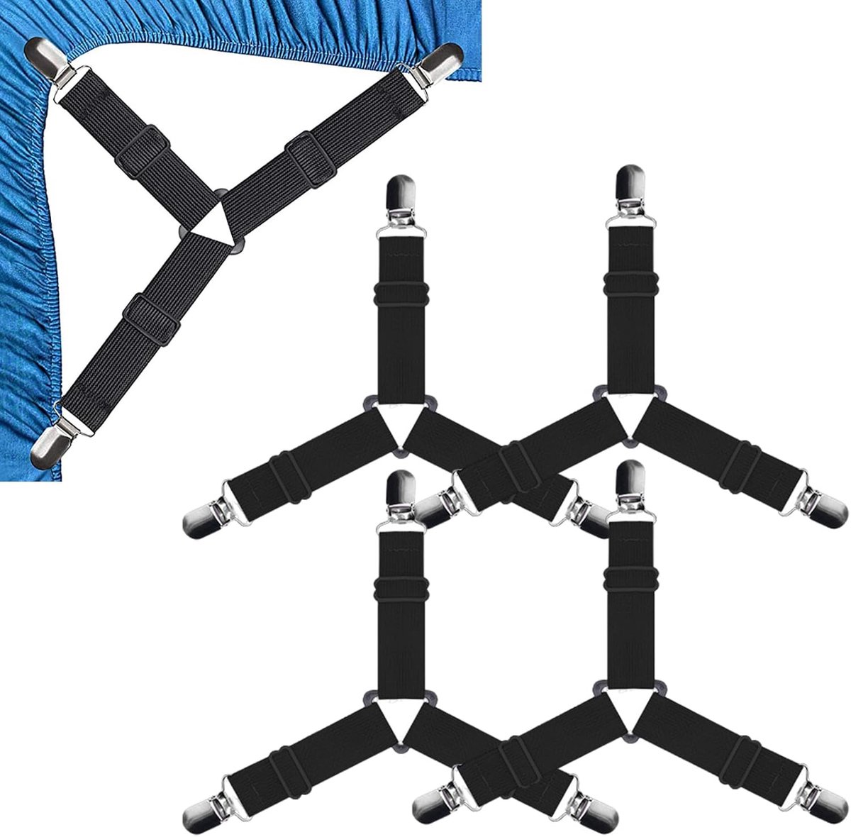 SnelShoppen - Bedlaken Klemmen Set van 4, Verstelbare Spanners voor Bedlakens met Metalen Clips, Elastische Hoek Klemmen voor Stabiliteit en Stevighei