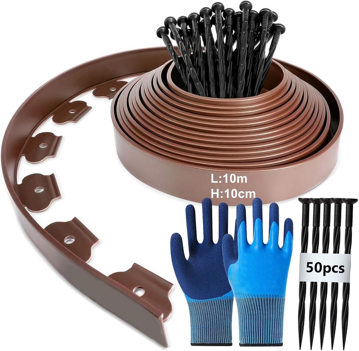 SnelShoppen - Flexibele Plastic Tuinrand 10 m (L) x 10 cm (H) Bloembedrand, Molenrand met 50 Grondankers + 1 Paar Tuinhandschoenen (Bruin)