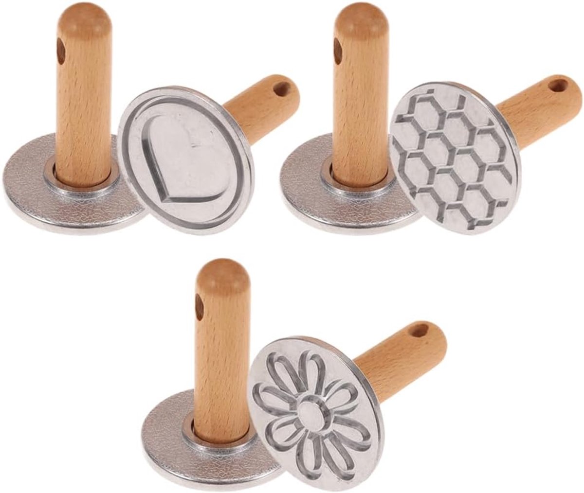 SnelShoppen - Cookie Stempels Set van 3 Stuks met Houten Handvat, Metalen Koekjesstempels voor Cookies, Taarten, Gebak, DIY Bakken, Niet-Plakkerig