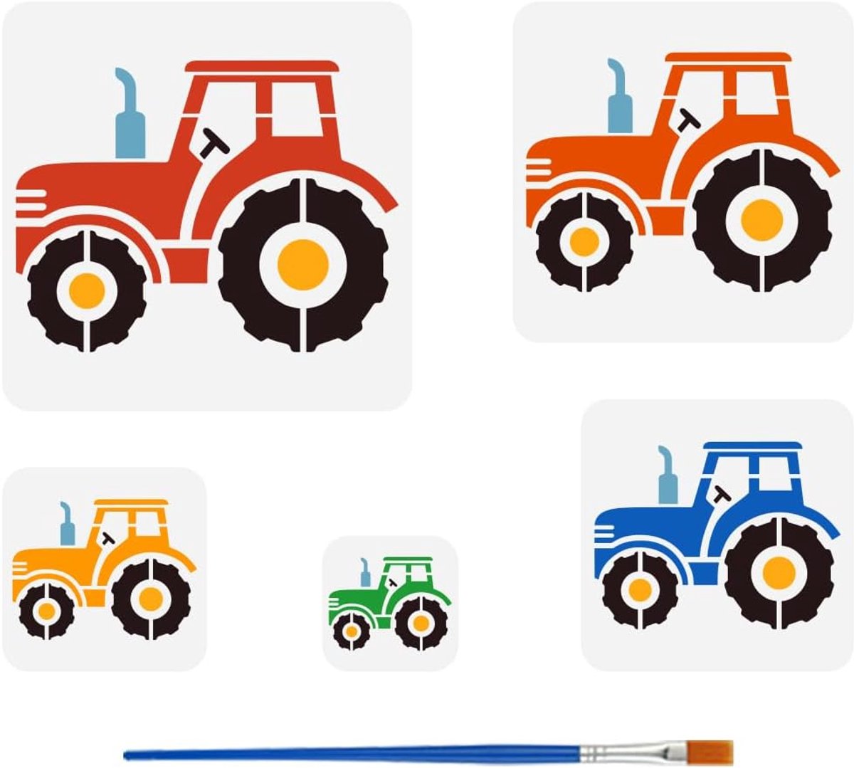 SnelShoppen - 5 Delige Tractor Sjablonen Set met 1 Plastieken Kwast - 5 Maten Tractor Patroon Stencils voor Schilderen op Hout, Wand, Stof en Meubels