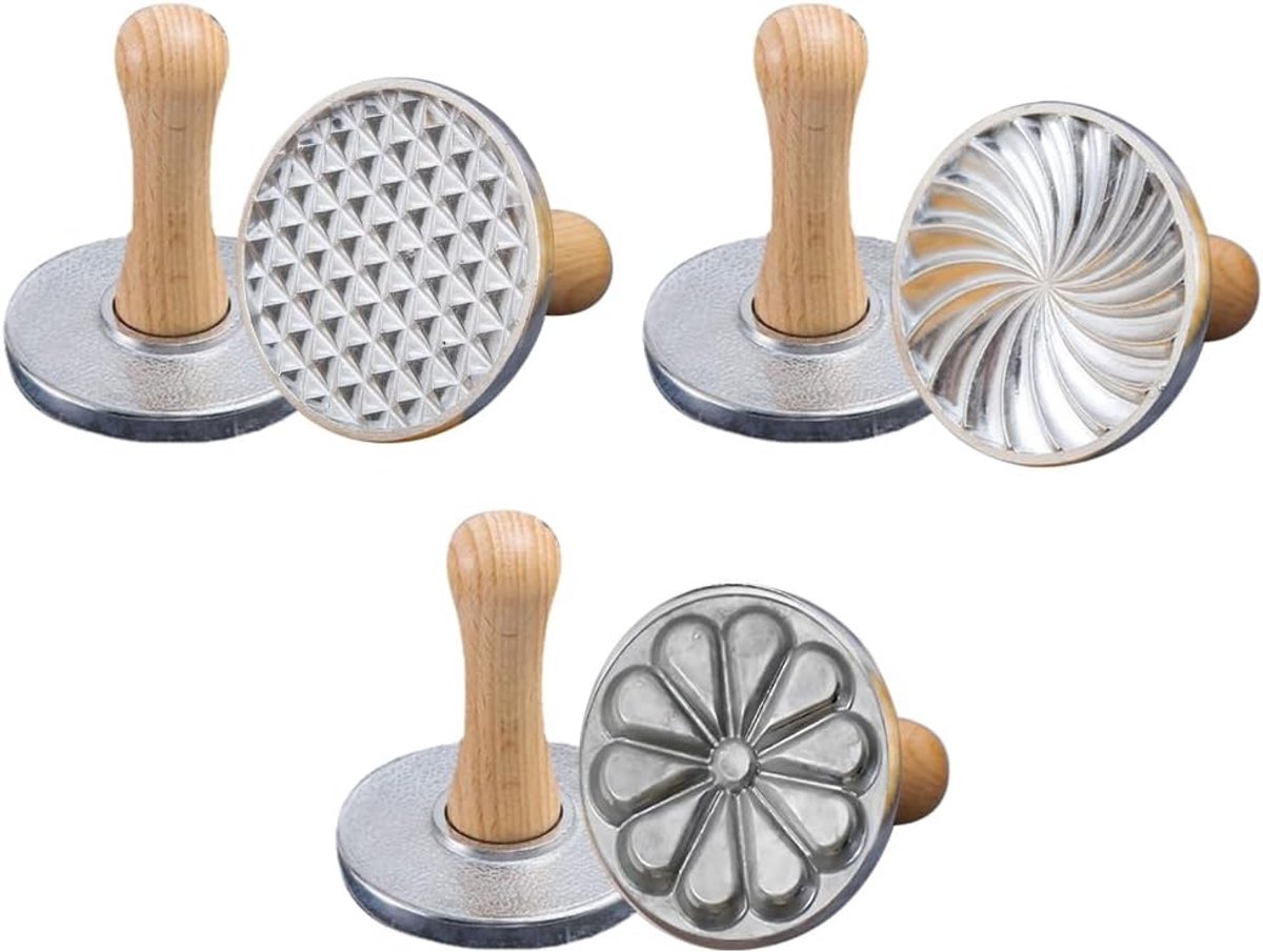SnelShoppen - Set van 3 Koekjesstempels, Metalen Koekjesuitsteekvormen met Houten Handvat, Koekjes Pers met Verschillende Patronen voor Koekjes, Taart