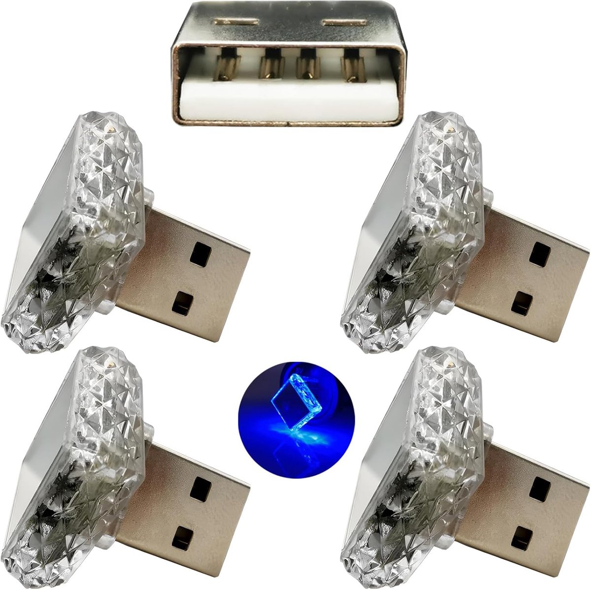 SnelShoppen - USB Nachtlampje, Touch Bediening, Blauw, 4 Stuks, 5V/1A Mini Sfeerverlichting, PC Materiaal, Geschikt voor Powerbanks en Auto's, Energie