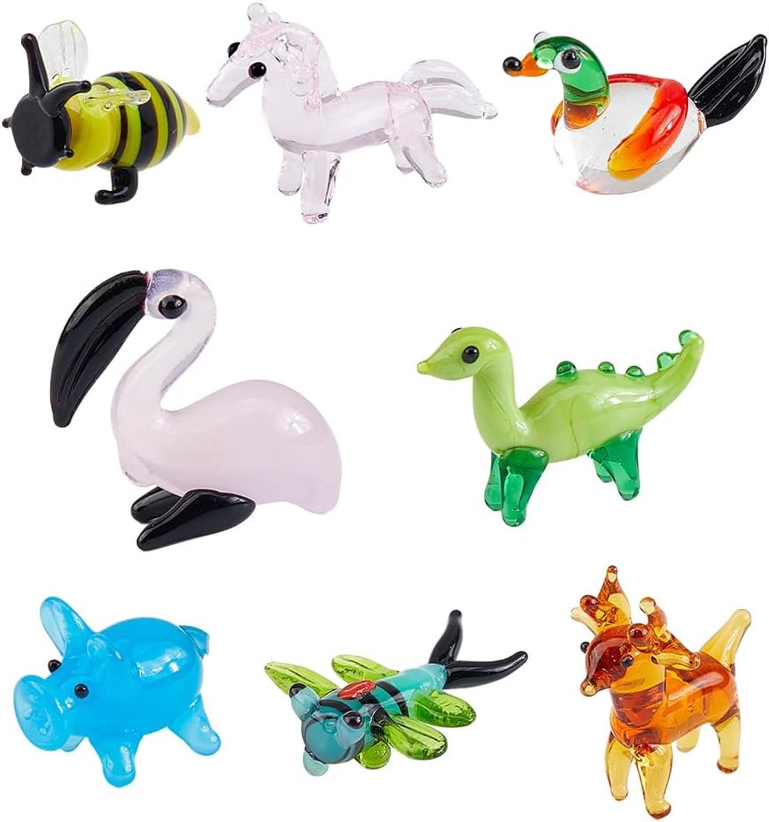 SnelShoppen - 8 Stijlvolle Mondgeblazen Glazen Figuren - Miniatuur Dieren Decoratie - Bijen, Dinosaurussen, Herten, Eenhoorns, Varkens, Libellen, Eend