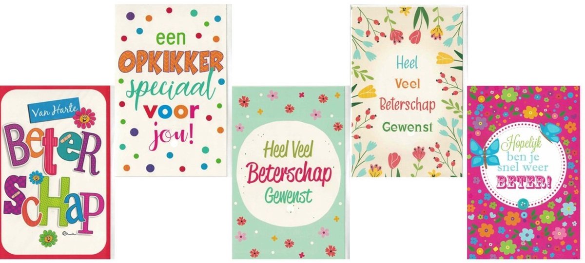 Wenskaart - beterschap - opkikker - set van 5 - wordt snel beter - ziek - wenskaarten