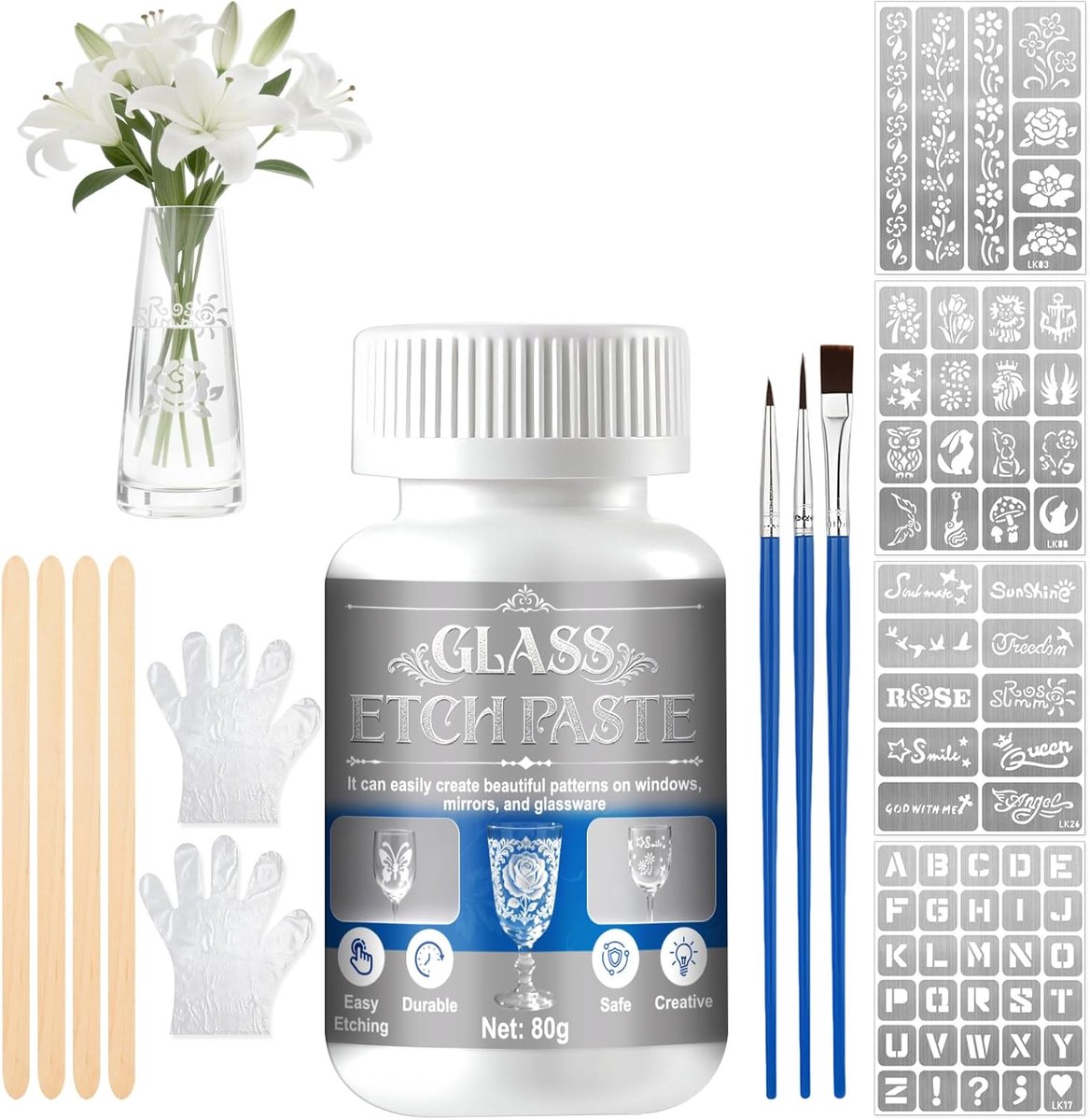SnelShoppen - Etspasta voor glas, Glasgraveerpasta 80g met sjablonen, Creatieve handwerken, Persoonlijke ontwerpen, Geschikt voor beginners en profess