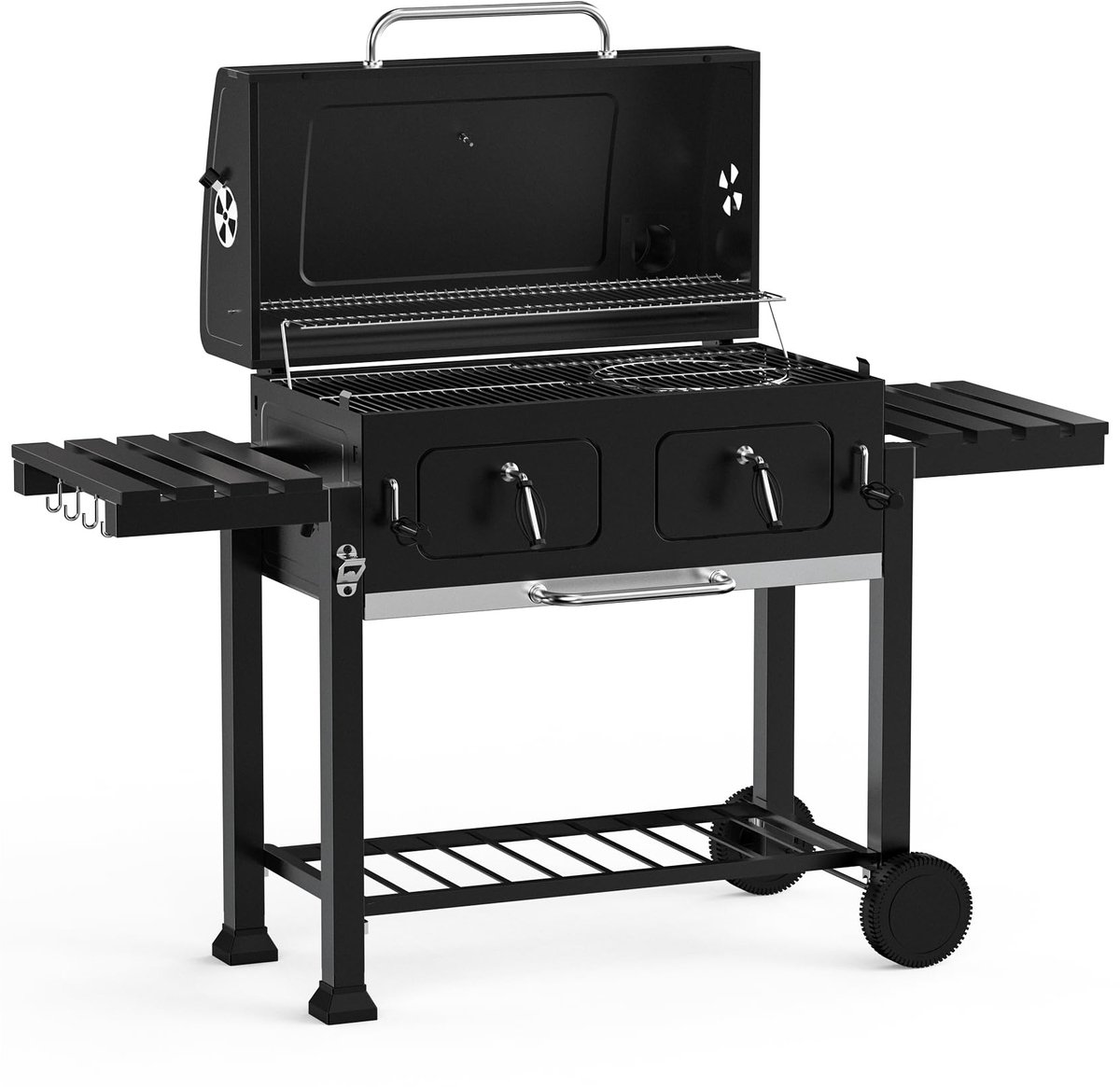 SnelShoppen - BBQ Grillwagen Houtskoolgrill met Deksel, Roestvrijstalen Grillrooster, Wielen, Verstelbare Houtskoollade voor Tuin, Feest en Camping