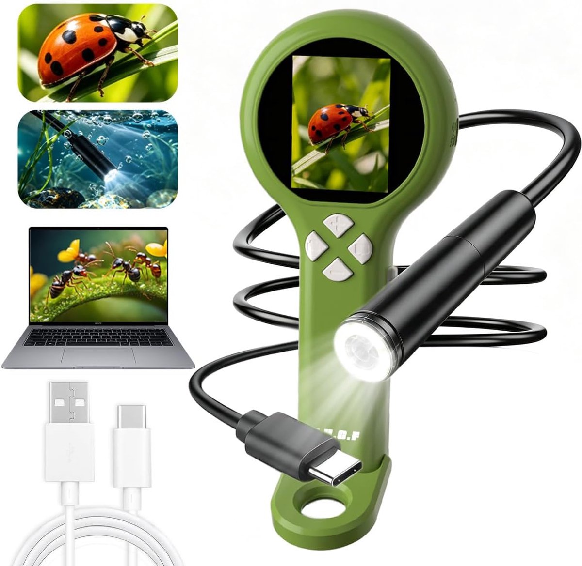 2-in-1 microscoop voor kinderen met endoscoopkabel – draagbare digitale microscoop – vergroting tot 500x – HD-scherm – foto en video – LED-verlichting – USB-opladen – educatief buitenspeelgoed (groen).