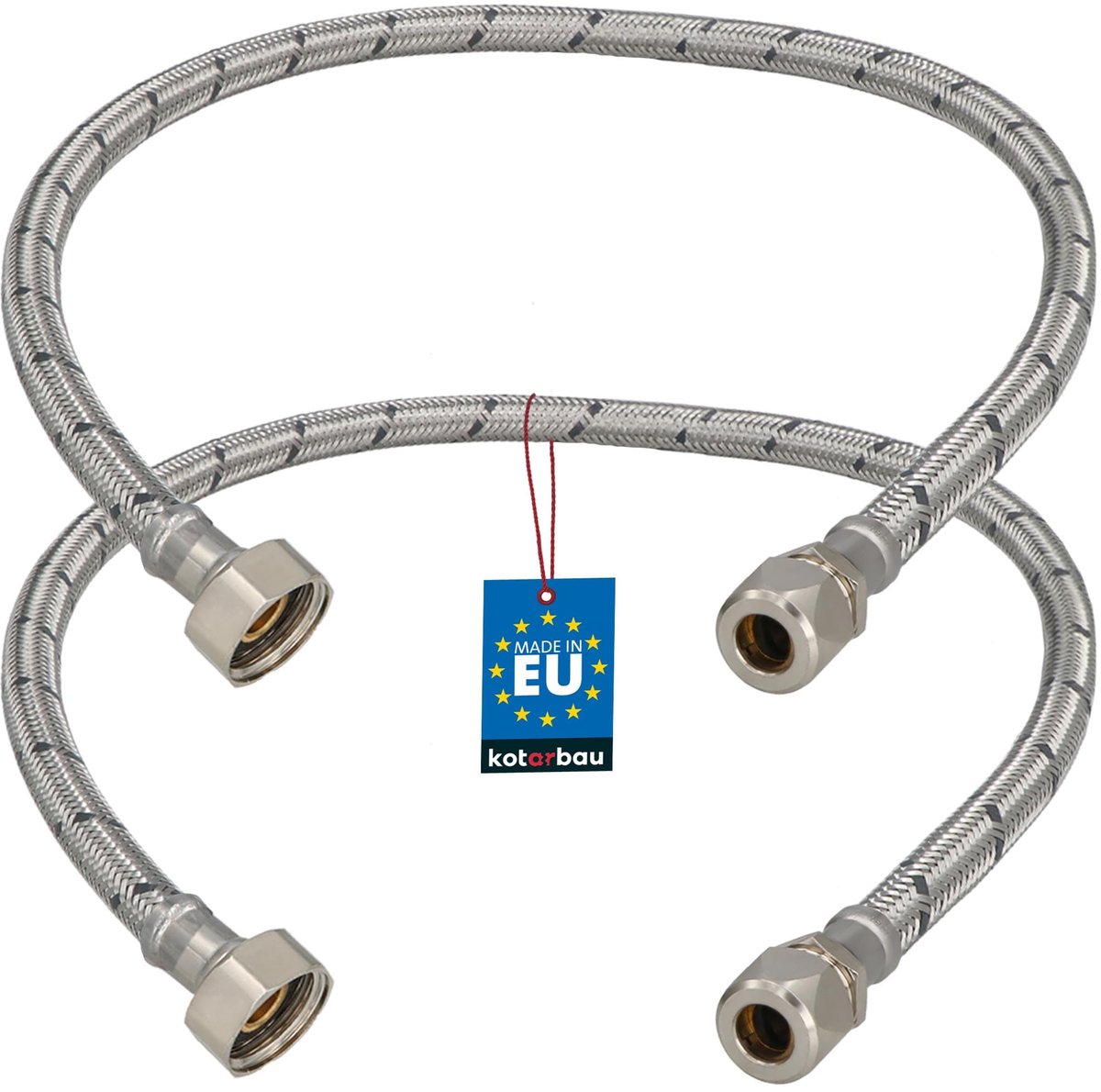 KOTARBAU® 2 Stuks - Flexibele Aansluitslang 1/2“x3/8“ - Aansluitslang Armatuur 60 cm - Flexibele Kraanslang - Wartelmoer x Knelkoppeling - Sanitaire Aansluitslang - Gevlochten Roestvrijstalen Aansluitslang